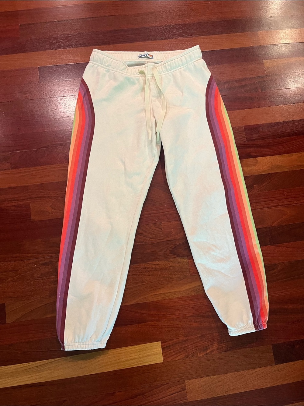 Marine Layer Cloud 9 Anytime Fleece Cream Joggers with Rainbow Stripes Small